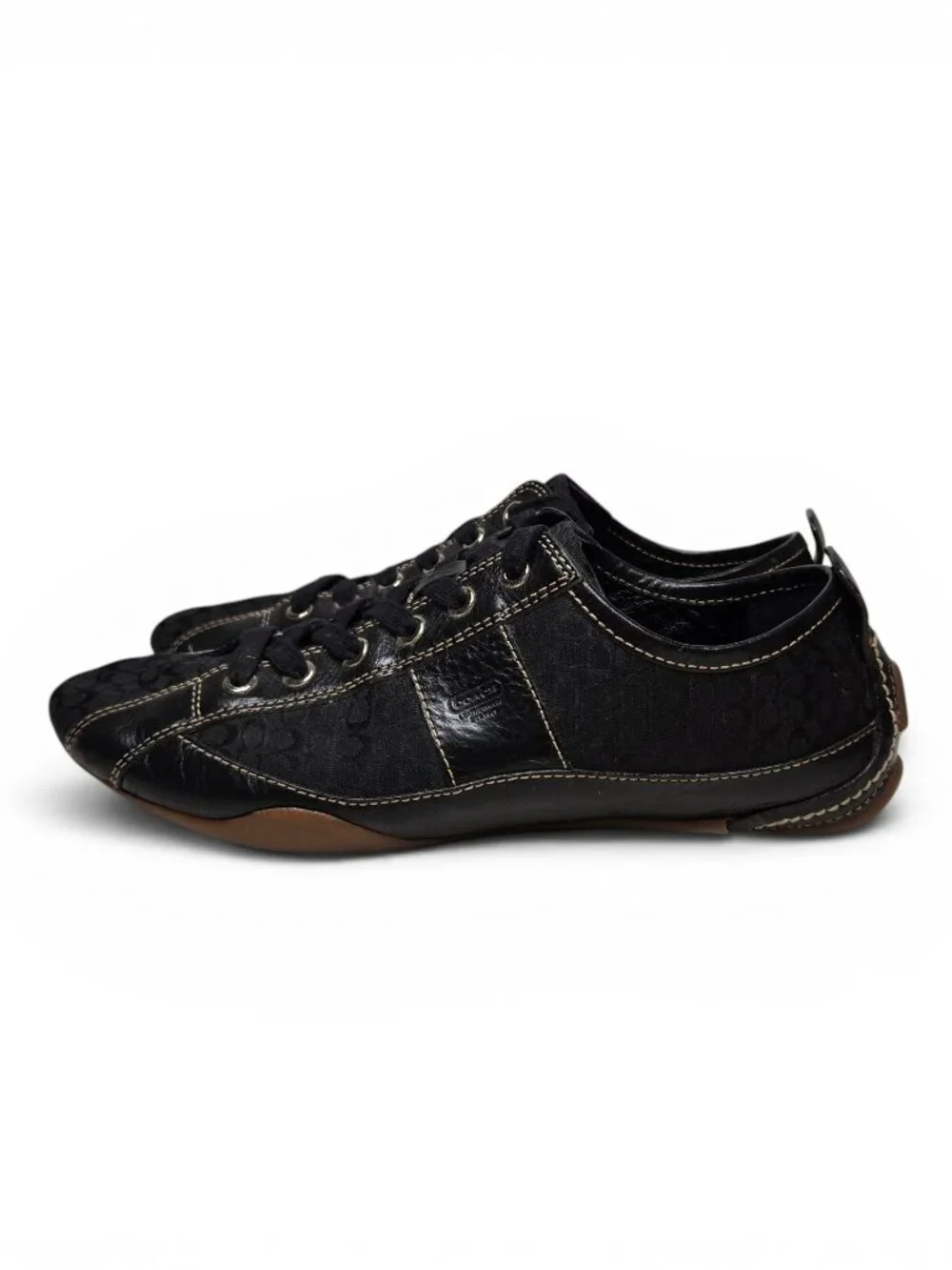 Coach Janae Black Leather Sneakers Womens Signature Canvas Gum Bottoms 7.5